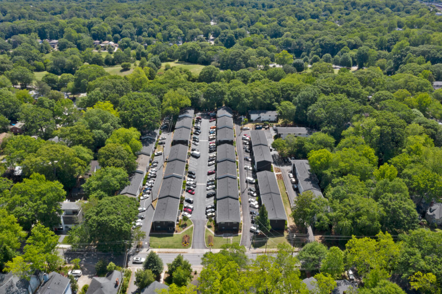 aerial view of apartment buildings