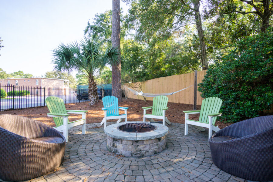 outdoor patio around a fire pit