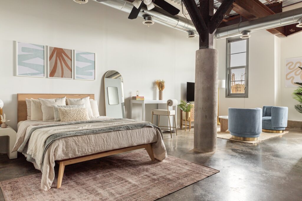 Bed in a loft apartment