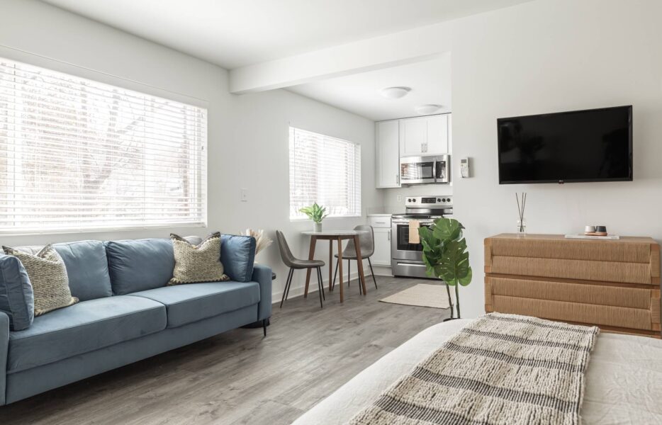 open apartment kitchen and living room